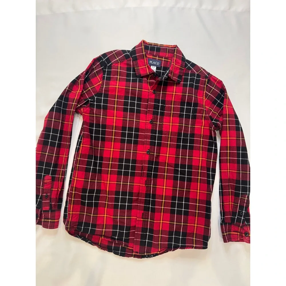 The Children's Place Plaid Shirt Kids 10/12 Red Black Excellent‎ Button Down